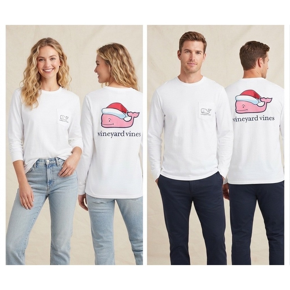 Vineyard Vines Unisex Santa Whale Long Sleeve Pocket T-Shirt White Small Holiday